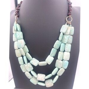 Triple Strand Beaded Necklace Aqua Amazonite & Raspberry Garnet Natural Boho SEE